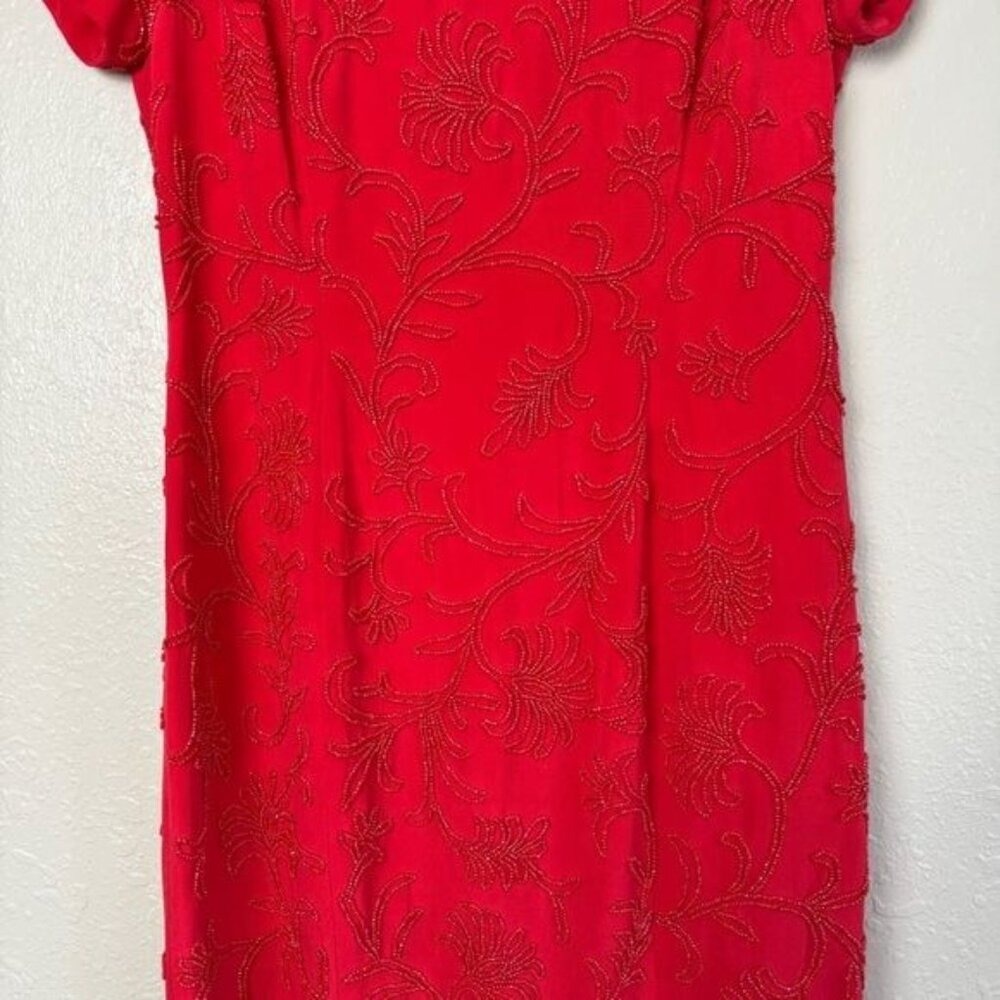 Carmen Marc Valvo silk vintage red floral sequin sheath dress 6 formal - Picture 4 of 13